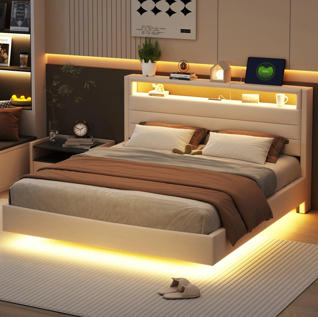 Letto imbottito 160x200 cm con LED, USB e testiera contenitore beige