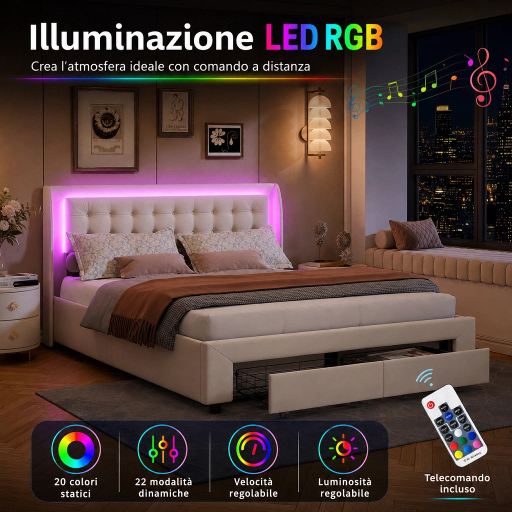 Letto matrimoniale contenitore idraulico 180x200 cm, imbottito velluto beige, testiera LED RGB telecomandata, 2 cassetti, 350kg