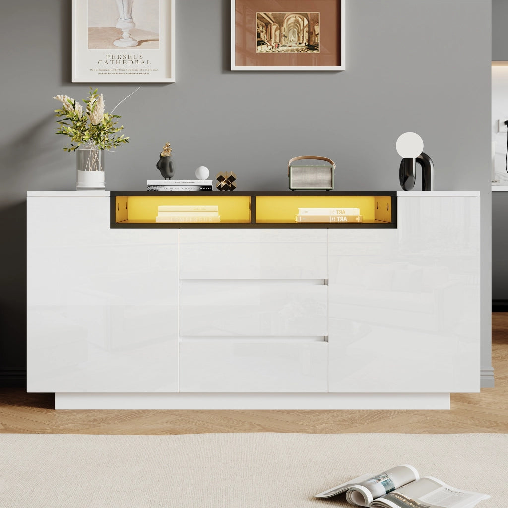 Credenza con 2 ante; 3 cassetti; 2 vani semiaperti; LED controllata da app; per soggiorno; 140 × 40 × 68 cm