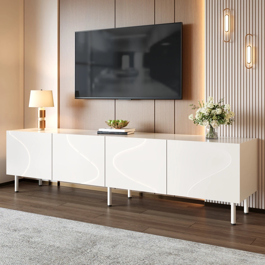 Mobile Porta TV 170 cm Bianco con 4 Ante Push-to-Open e Design Curvo