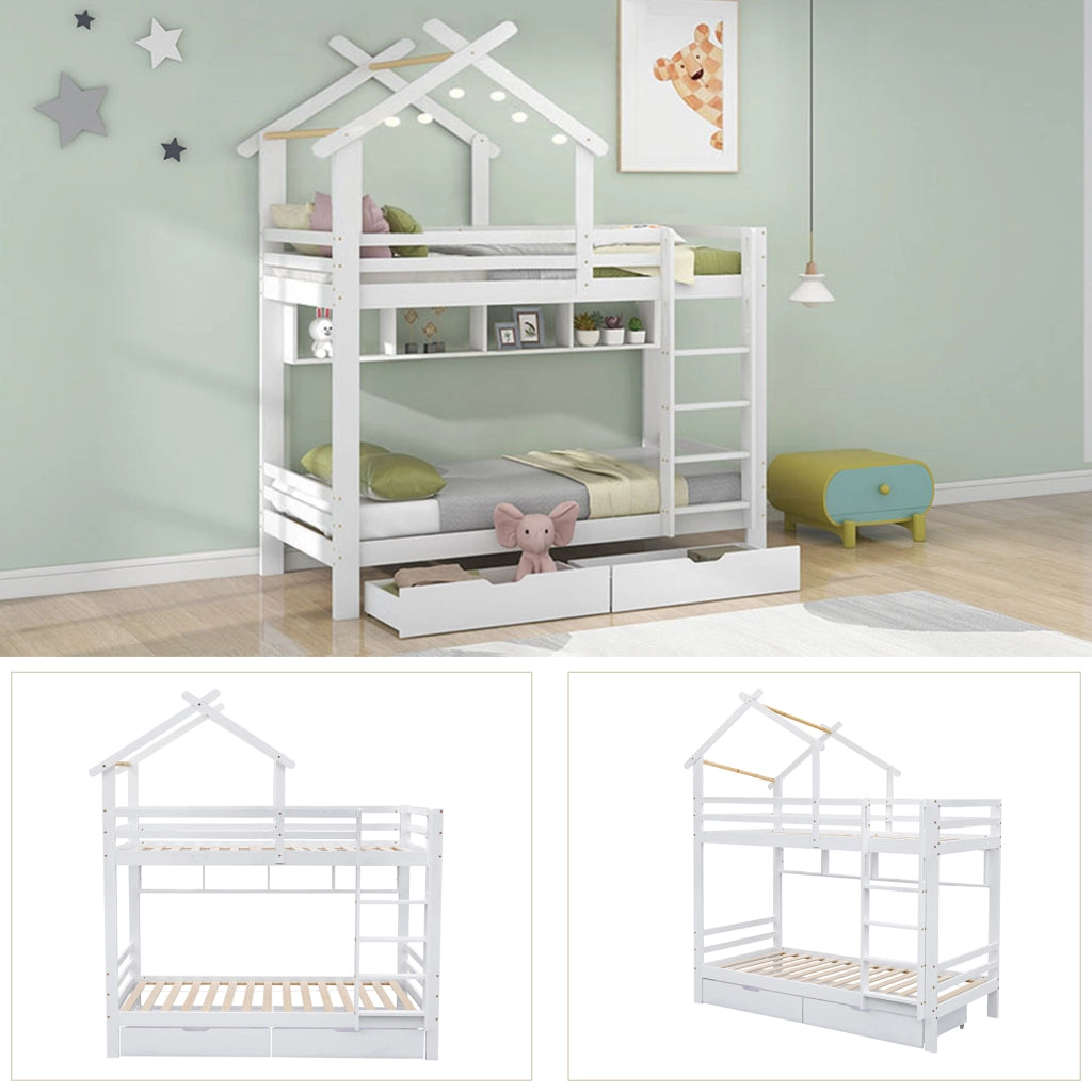 LETTO A CASTELLO con cassetti e ripiani 90x200 cm Bianco Legno massello e MDF