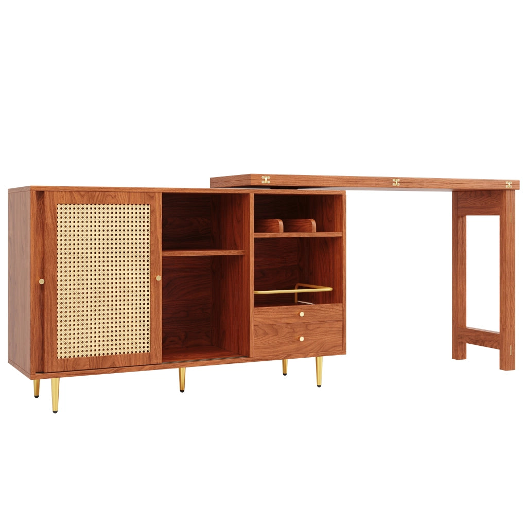 Tavolo Bar Girevole 360¡ã con Anta in Rattan e Ripiano ¨C MINIMAL ¨C Legno Marrone 107x40x71