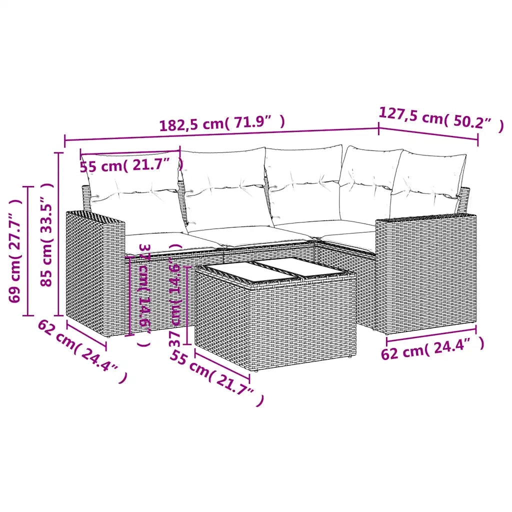Set Divano da Giardino 5 pz con Cuscini Marrone in Polyrattan