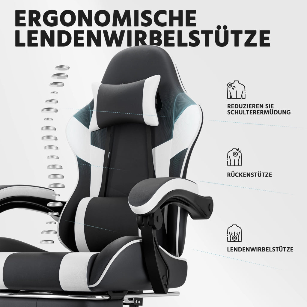 Sedia da ufficio ergonomica con supporto lombare; poggiapiedi; schienale reclinabile e braccioli in PVC nero bianco