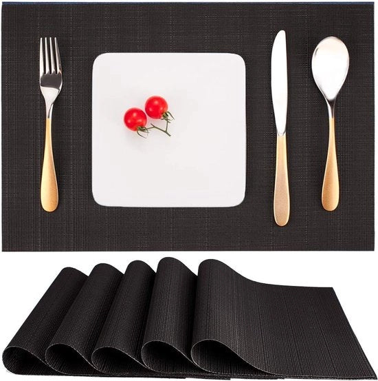 Set di tovaglie per tavolo da 6 pezzi, tovaglie in vinile tessute, lavabili, resistenti al calore, antiscivolo, adatti per cucina, famiglia, ristorante, caffetteria (nero)