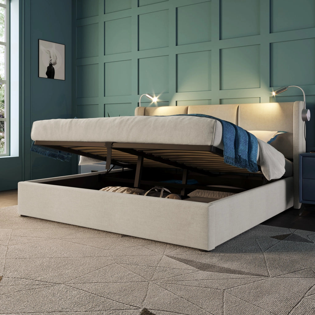 LETTO imbottito 140x200 cm in lino beige con lampada da lettura e USB