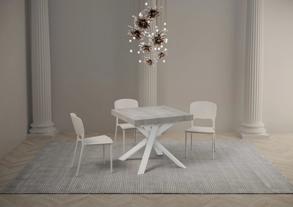 Tavolo allungabile 90x90/194 cm Clerko Cemento gambe Bianche