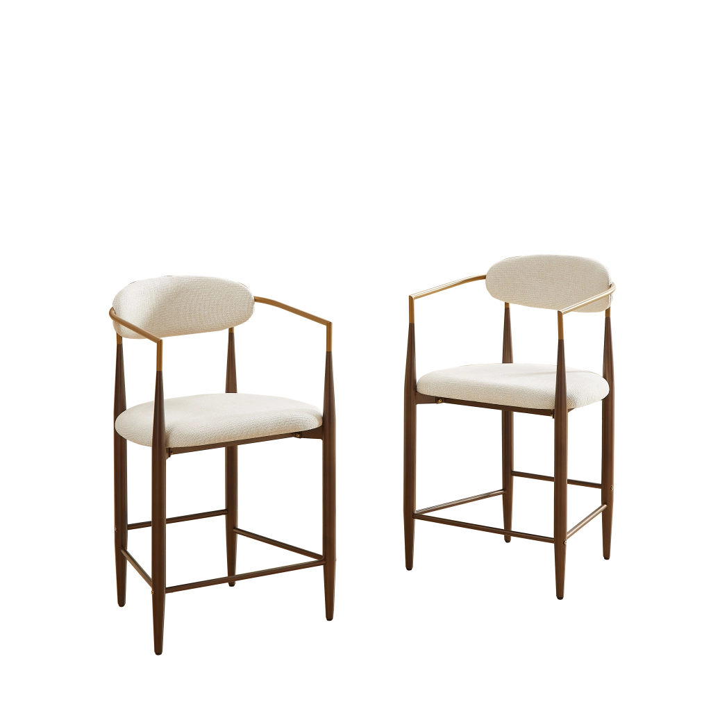 Sgabello da Bar Set da 2 con Braccioli e Piedini Regolabili, Stile Country Francese, in Tessuto Beige