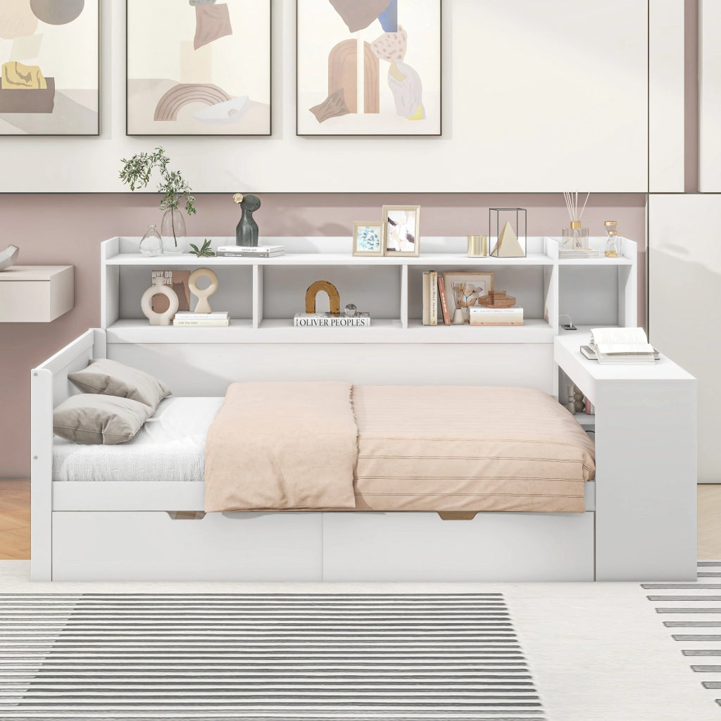 Letto singolo 90×200 cm con scrivania; 2 cassetti; prese USB e vano portaoggetti; senza materasso; bianco