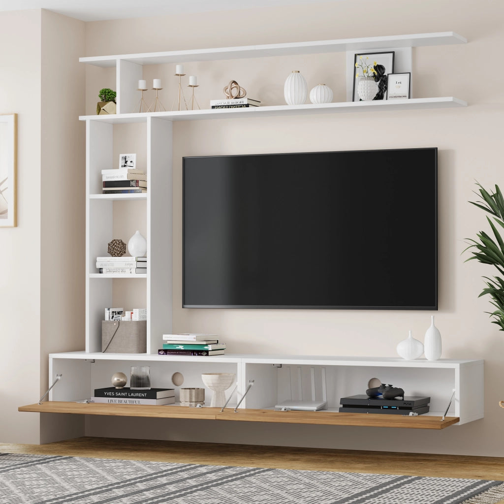 Mobile TV con 2 ante; vani e passacavi; pensile o da terra; per soggiorno; bianco rovere