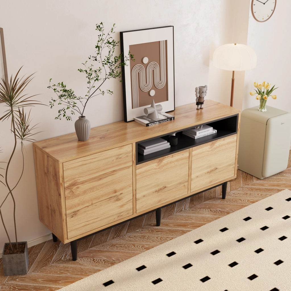 SIDEBOARD 160 x 35 x 76 cm in MDF effetto legno naturale, 3 ante