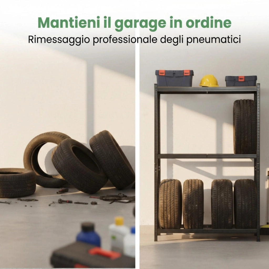 Scaffale portagomme da garage in metallo 3 ripiani Nero 120x40x180 cm