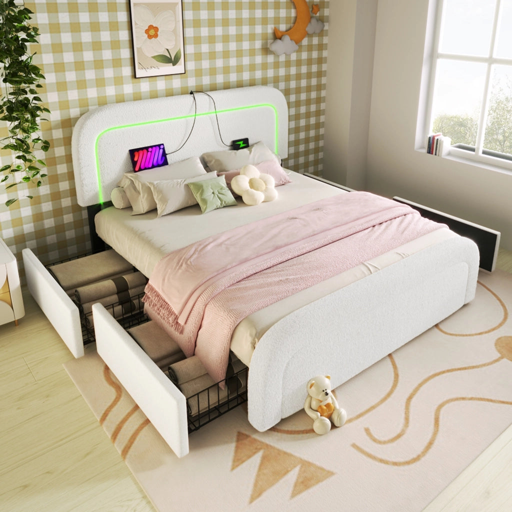 LETTO 160x200 cm Sherpa Bianco con USB Type-C, LED e 4 Cassetti