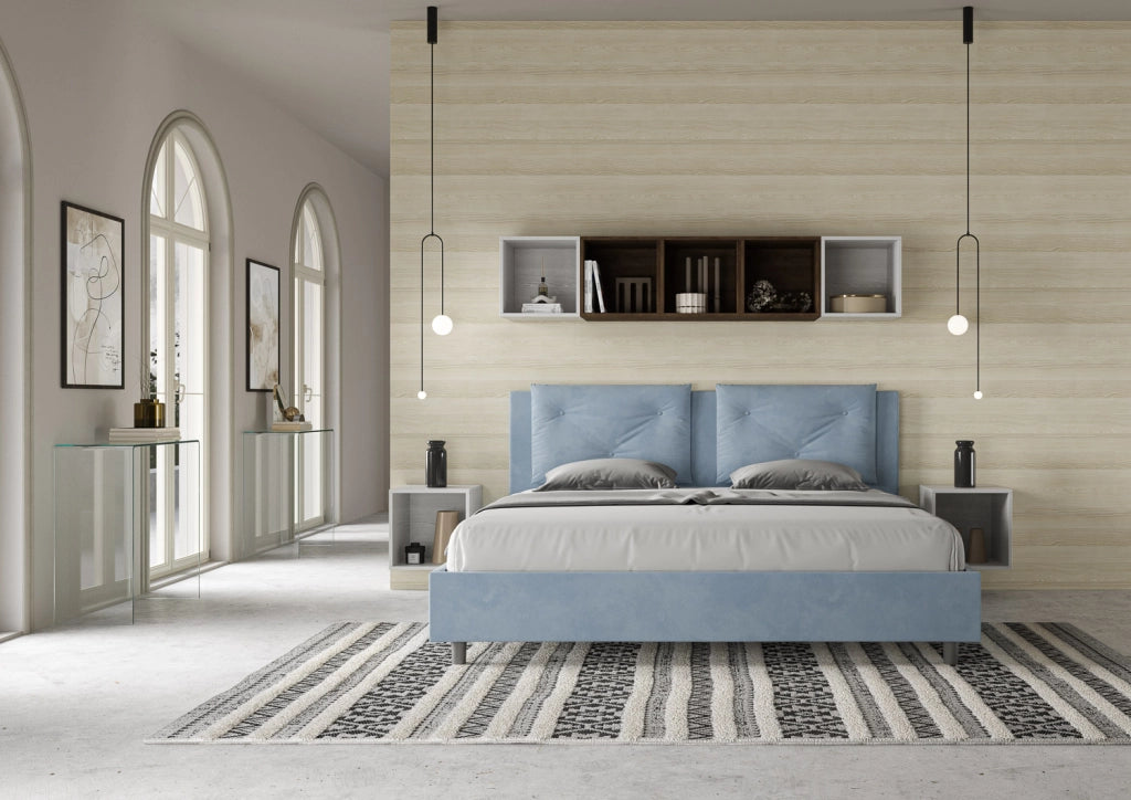BS COM Letto senza rete imbottito 180x200 microfibra azzurro