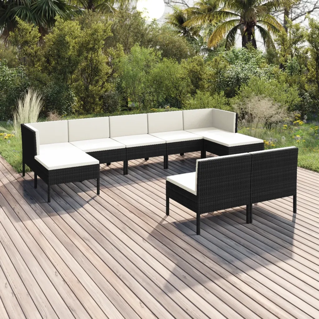 Set Divani da Giardino 9 pz con Cuscini in Polyrattan Nero 3094548