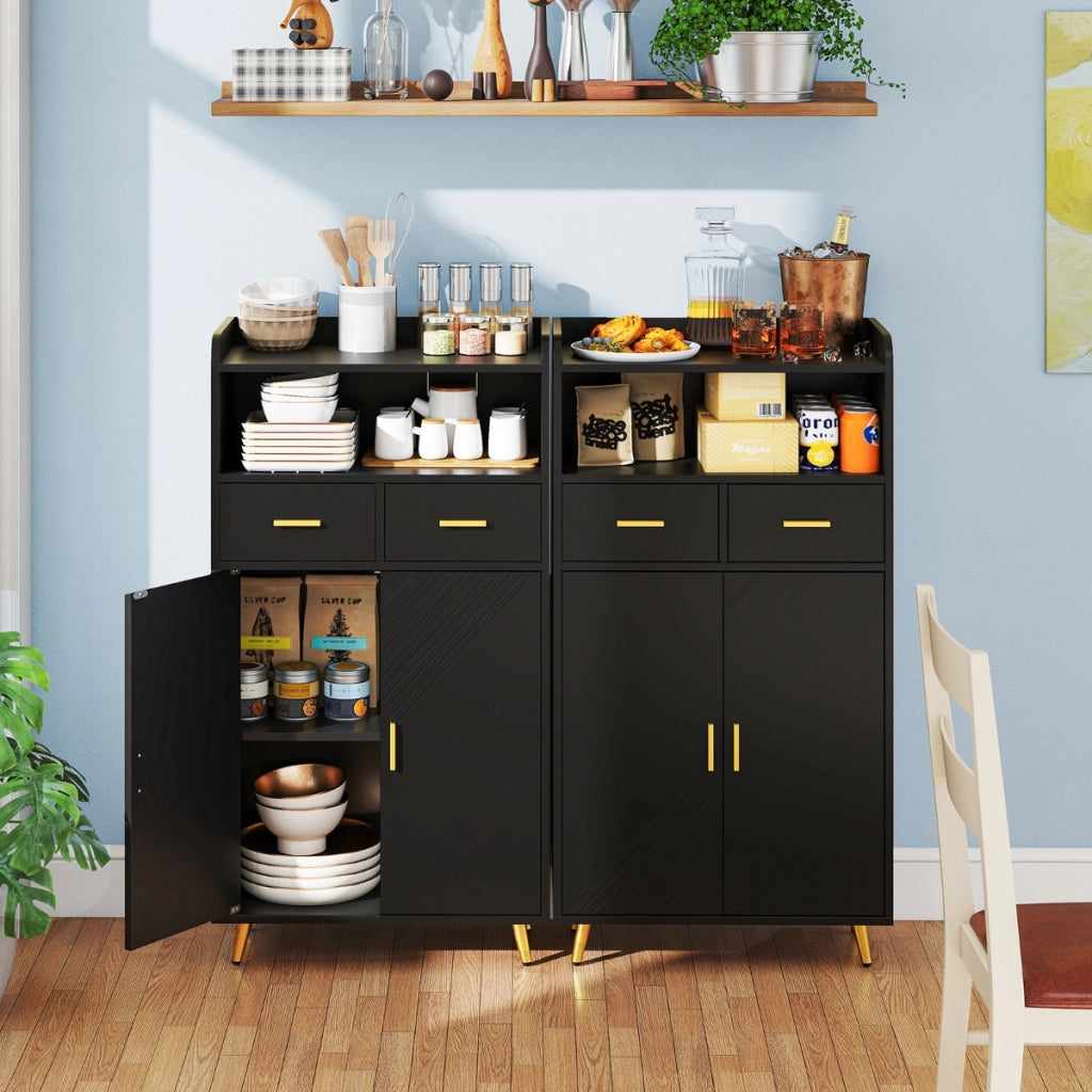 Mobile dispensa 113 cm con ante 2 cassetti e ripiano regolabile per bagno, Armadio da cucina sala da pranzo soggiorno Nero