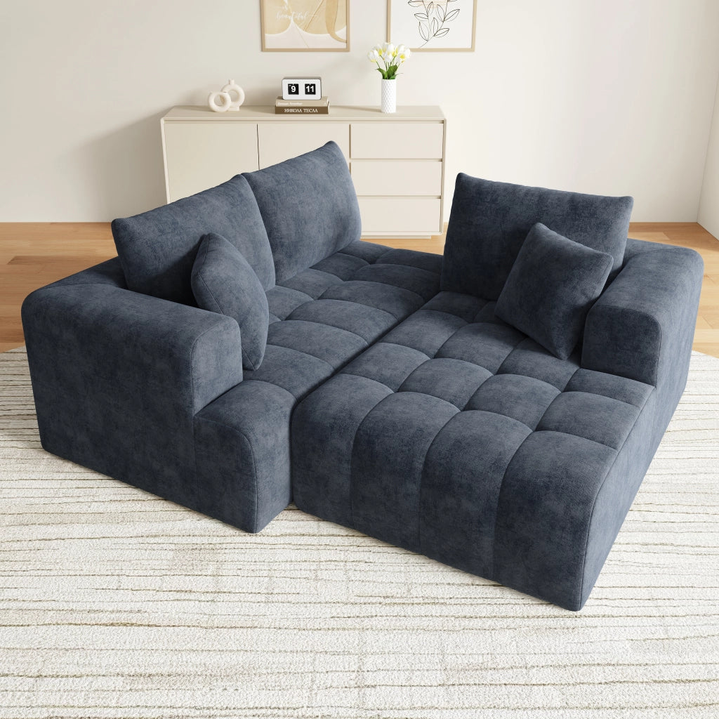 Divano angolare modulare senza struttura 3 o 4 posti con cuscini, in Chenille Blu