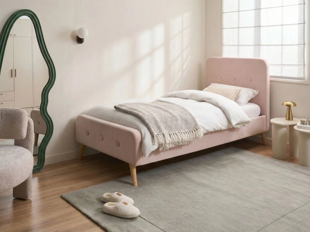 Letto con rete rivestito in velluto rosa pastello gambe in legno, 90 x 200 cm design moderno