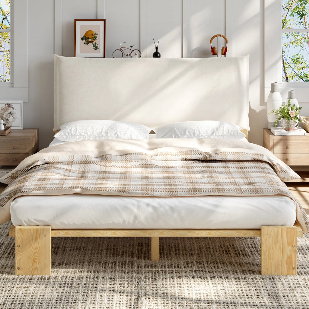 DESMIU Letto matrimoniale 2 posti con testiera imbottita, doghe stabili e gambe larghe, 140 × 200 cm, senza materasso