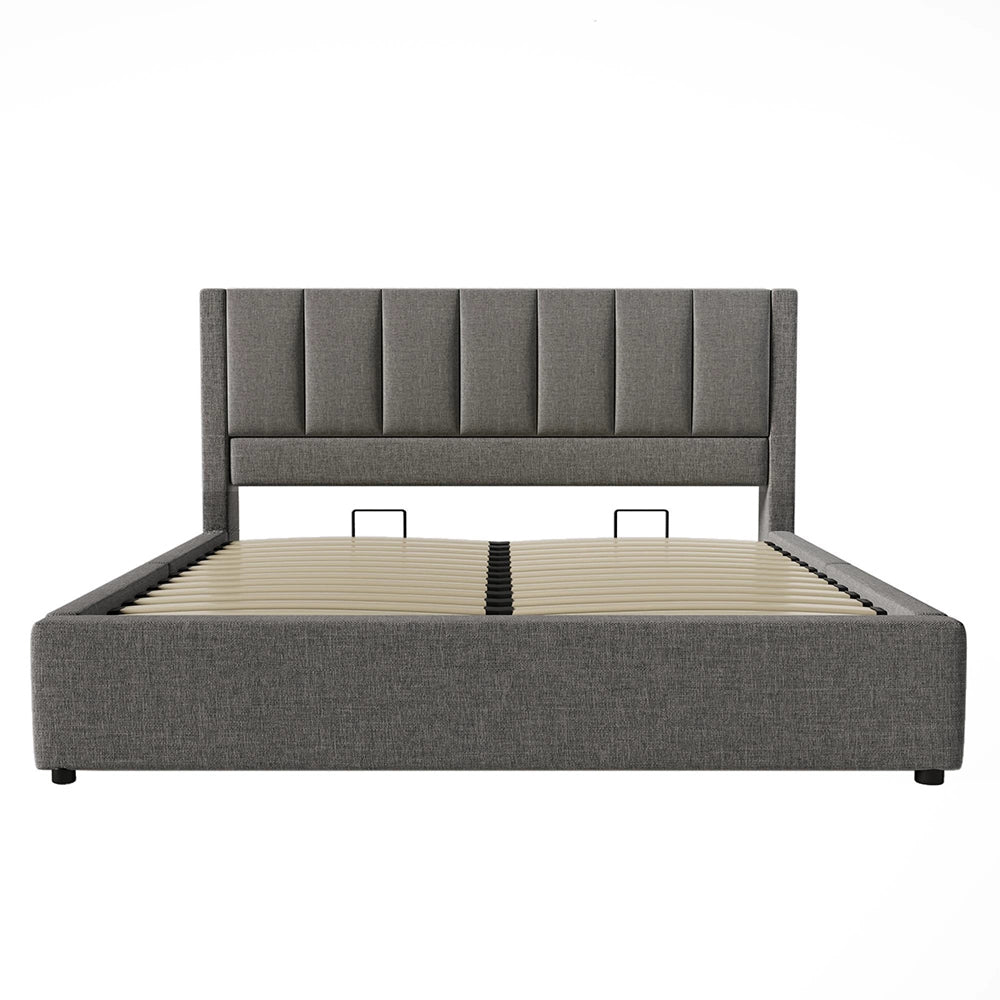Letto imbottito-Xylo-140x190cm doppio porta-bicchiere USB idraulico lino grigio senza materasso