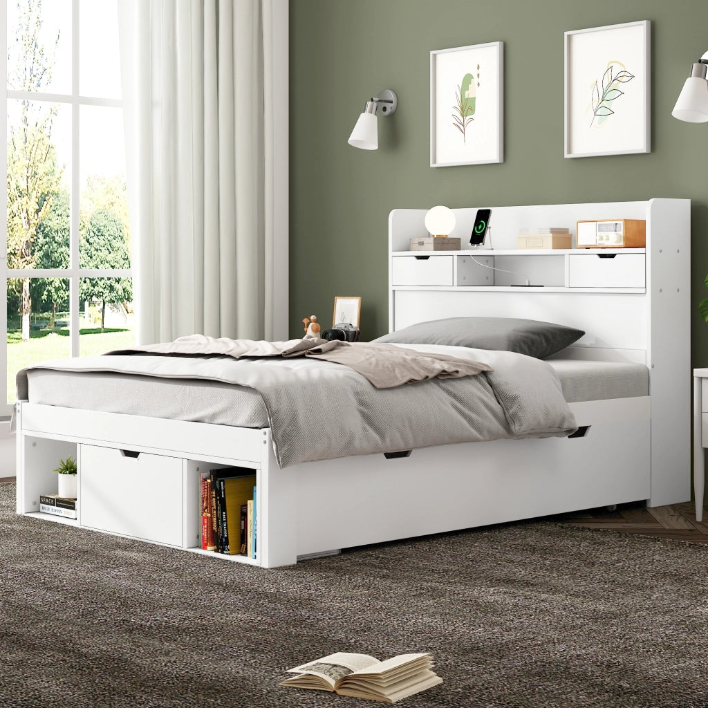 Letto singolo 90x190 cm per bambini e ragazzi con porta USB; cassetto e ampio vano portaoggetti; bianco