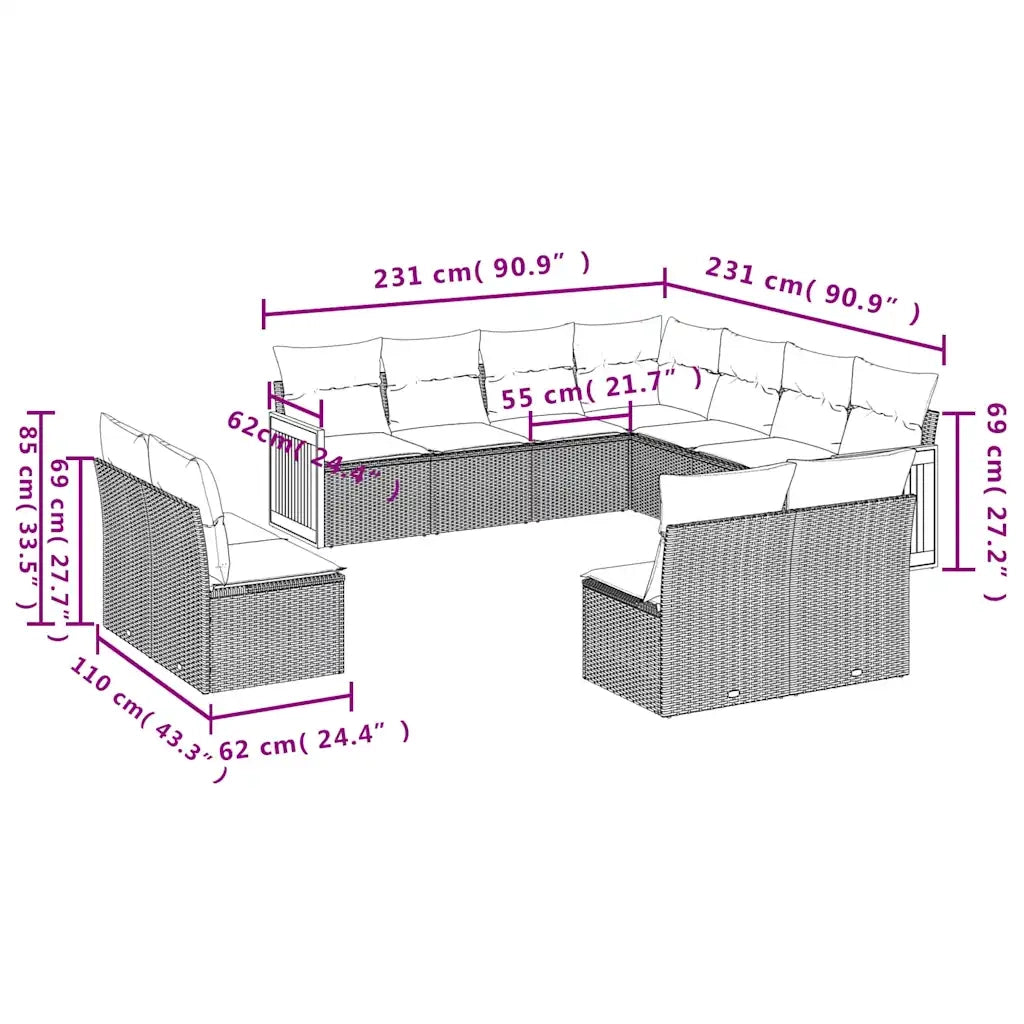 Set Divani da Giardino 11 pz con Cuscini Nero in Polyrattan 3227765