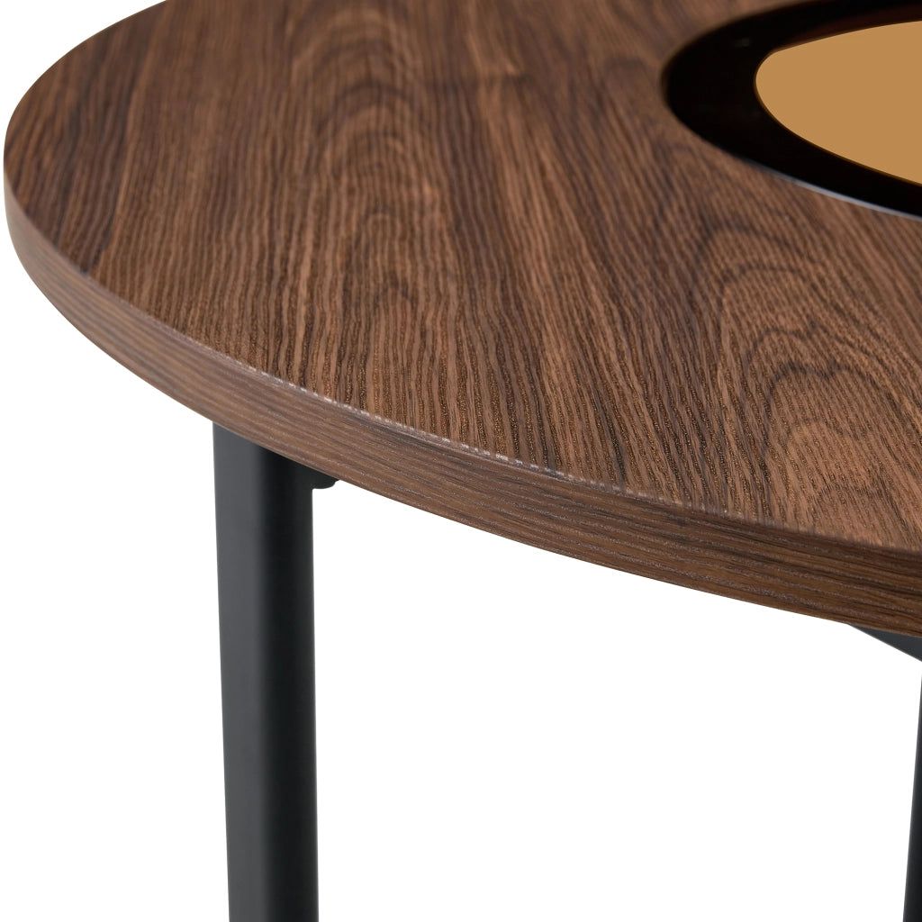Tavolo rotondo 100 cm con piano in MDF effetto legno, inserto in vetro e struttura in metallo, 4-6 posti