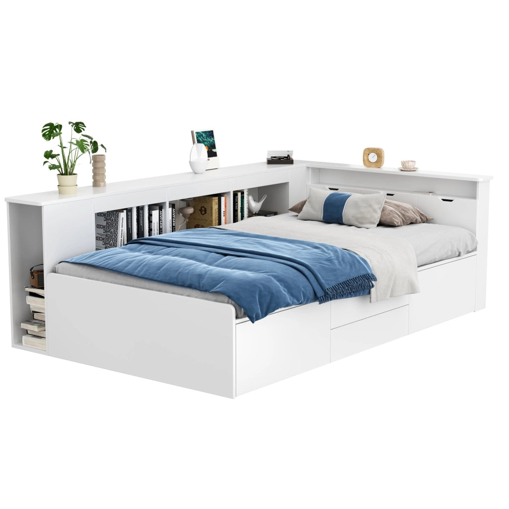 OKWISH Letto Bambino 90×200 cm, Letto Singolo con 4 Cassetti, Libreria e Armadietti Contenitore, senza Materasso, in MDF, Bianco