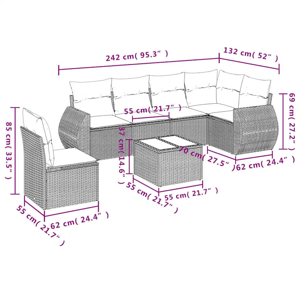 Set Divani da Giardino 7 pz con Cuscini Marrone in Polyrattan