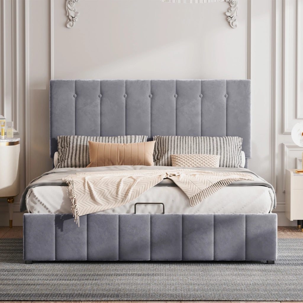 DESMIU Letto matrimoniale 140 × 200 cm con contenitore idraulico, 2 posti, senza materasso, in velluto, grigio