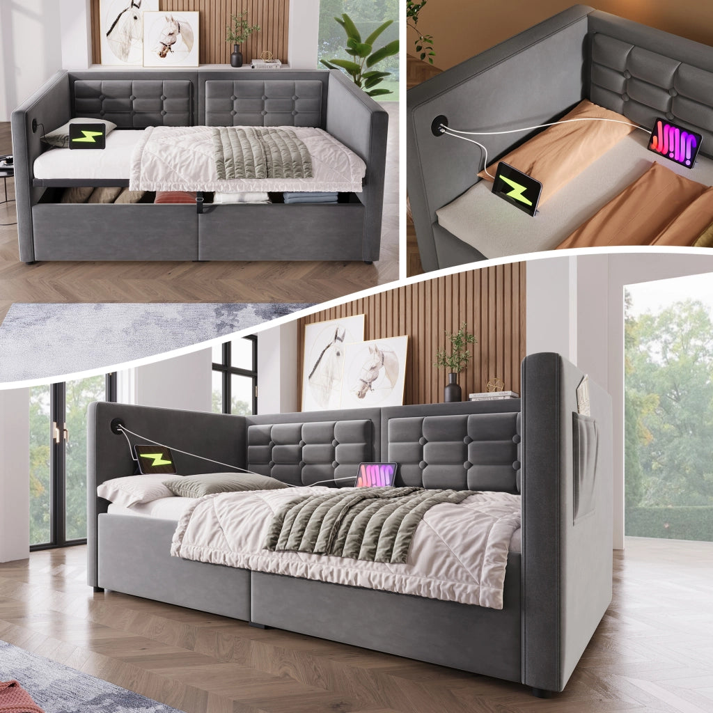 LETTO Divano 90x190 cm in velluto grigio con contenitore e USB Type-C