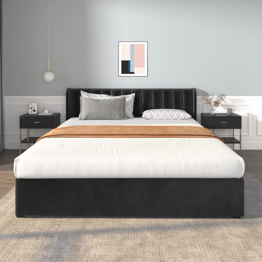LETTO 180x200 cm in velluto nero con rete a doghe e 2 cassetti