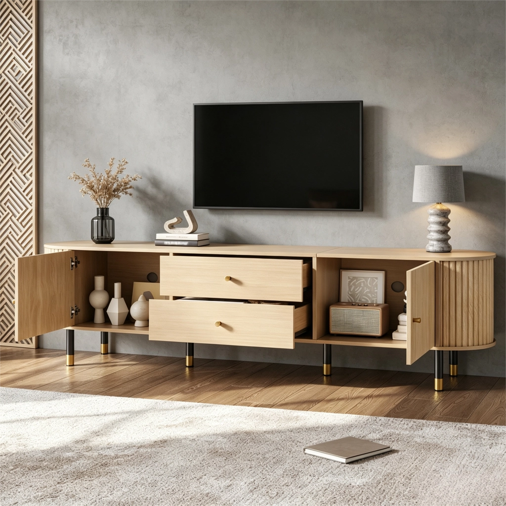 Mobile porta tv 180 cm in legno chiaro con ante scorrevoli e passacavi