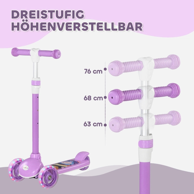 Monopattino per bambini, ruote a LED, guida fluida, altezza regolabile, plastica, acciaio, viola