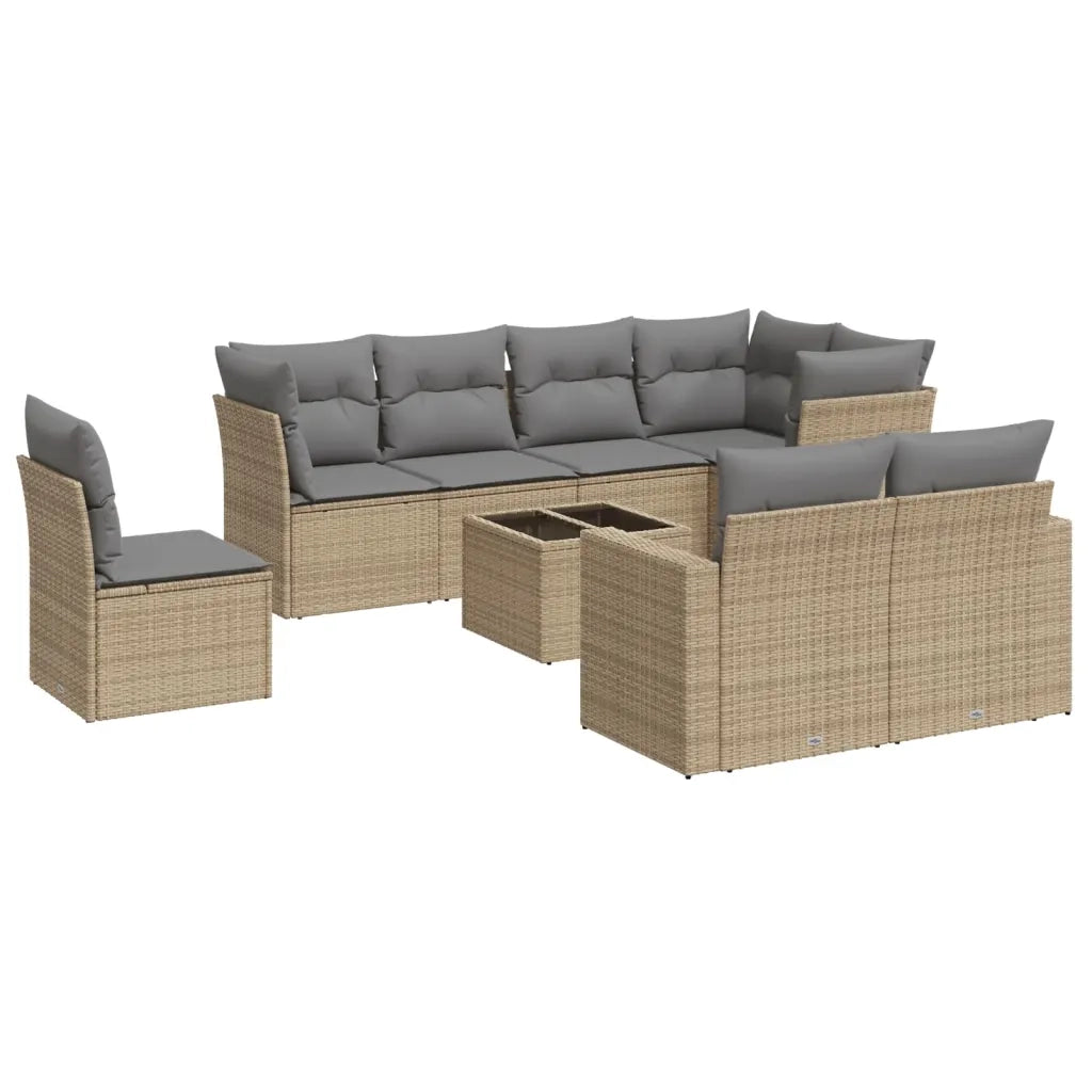 Set Divano da Giardino 9 pz con Cuscini Beige in Polyrattan