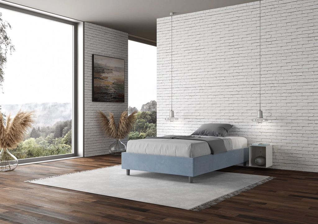 BS COM Letto una piazza e mezza con rete imbottito 120x200 microfibra azzurro