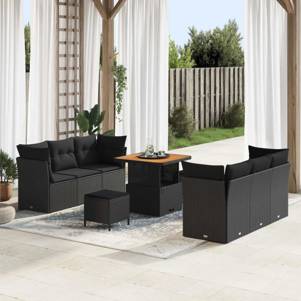 Set Divano da Giardino con cuscino 9 pcs Nero polyrattan