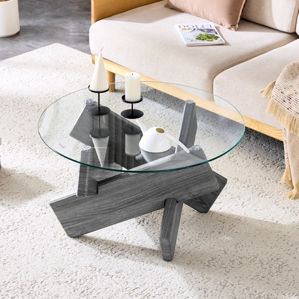 Tavolino da caffè rotondo in MDF e vetro, Ø 79 cm, grigio e trasparente