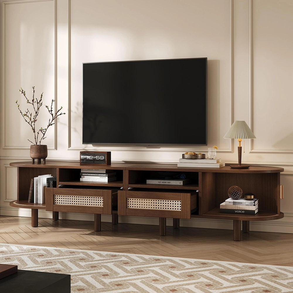Mobile TV Ovale 170x40x40cm - Xylo - 2 Cassetti in Vimini, 2 Ante Scorrevoli, Noce