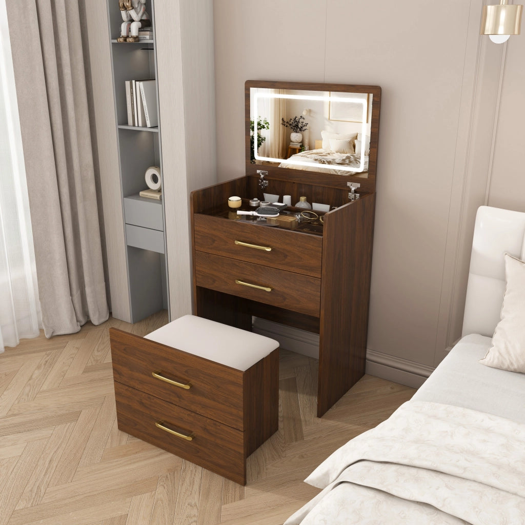 TOELETTIERA 3 in 1 60x118x40 cm Noce in MDF con specchio ribaltabile e sgabello