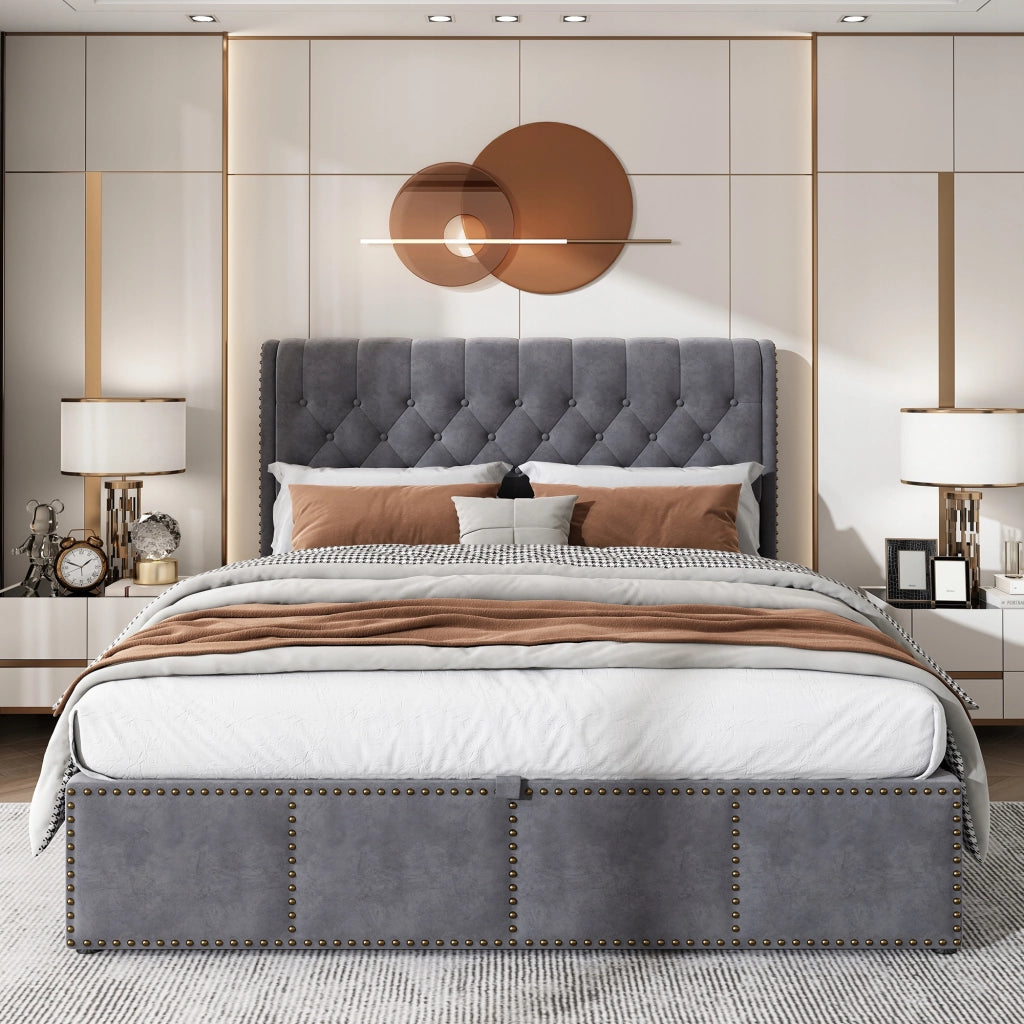Letto 140x200 cm - Xylo - Velluto, Idraulico, Rivetti, Grigio