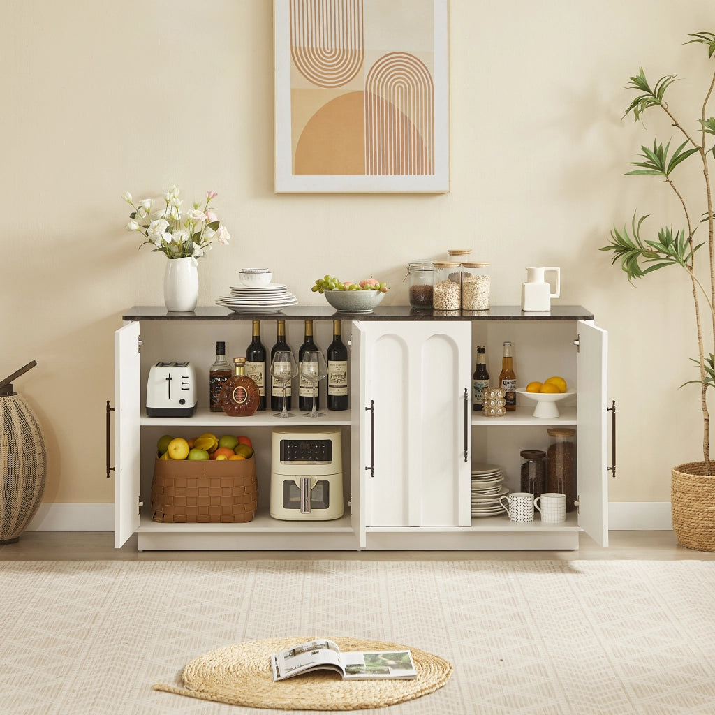 Madia con 4 ante e ripiani con chiusura ammortizzata e fissaggio a parete per soggiorno; in MDF; bianco e nero; 160×40×80 cm