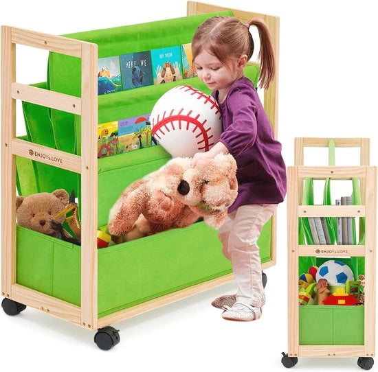 Cassettone per bambini con ruote e cassettino per giocattoli | Scaffale multifunzionale in legno per camera da bambini