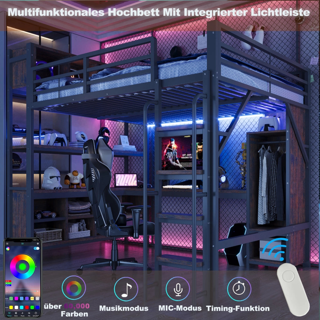 DESMIU Letto a soppalco 140 × 200 cm con scrivania, armadio, ripiani, LED e prese, senza materasso, metallo nero