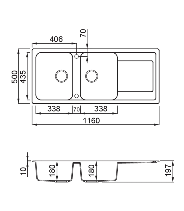 LAV. LIFE 500 116x50 2 vasche + gocciolatoio NERO 40