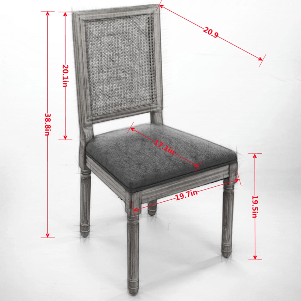 Set di 2 sedie da pranzo in stile rustico francese, struttura in legno massello anticato, schienale quadrato in rattan intrecciato, seduta rivestita i