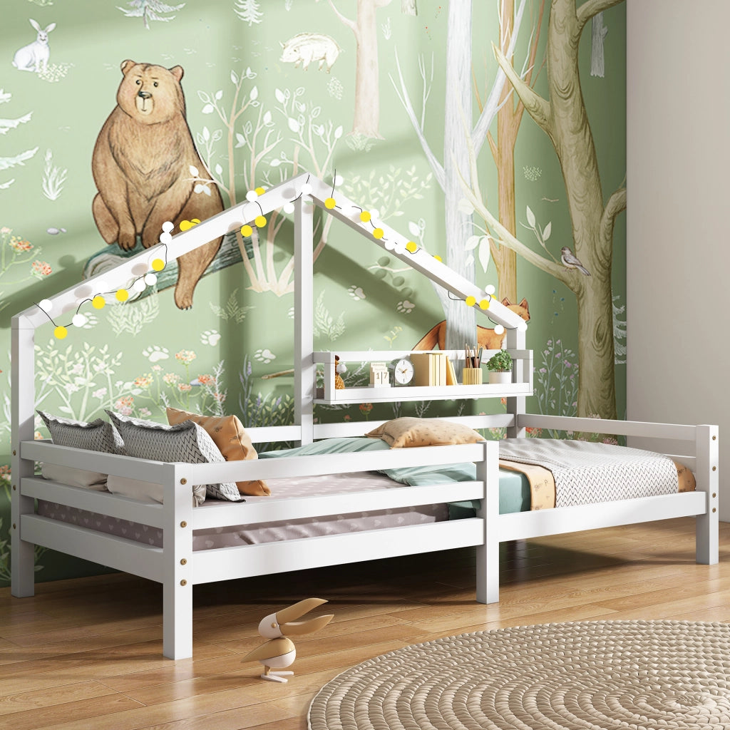 Letto con Sponda 90 x 200 cm; Letto Singolo con Mensola Posteriore - in Legno - Bianco