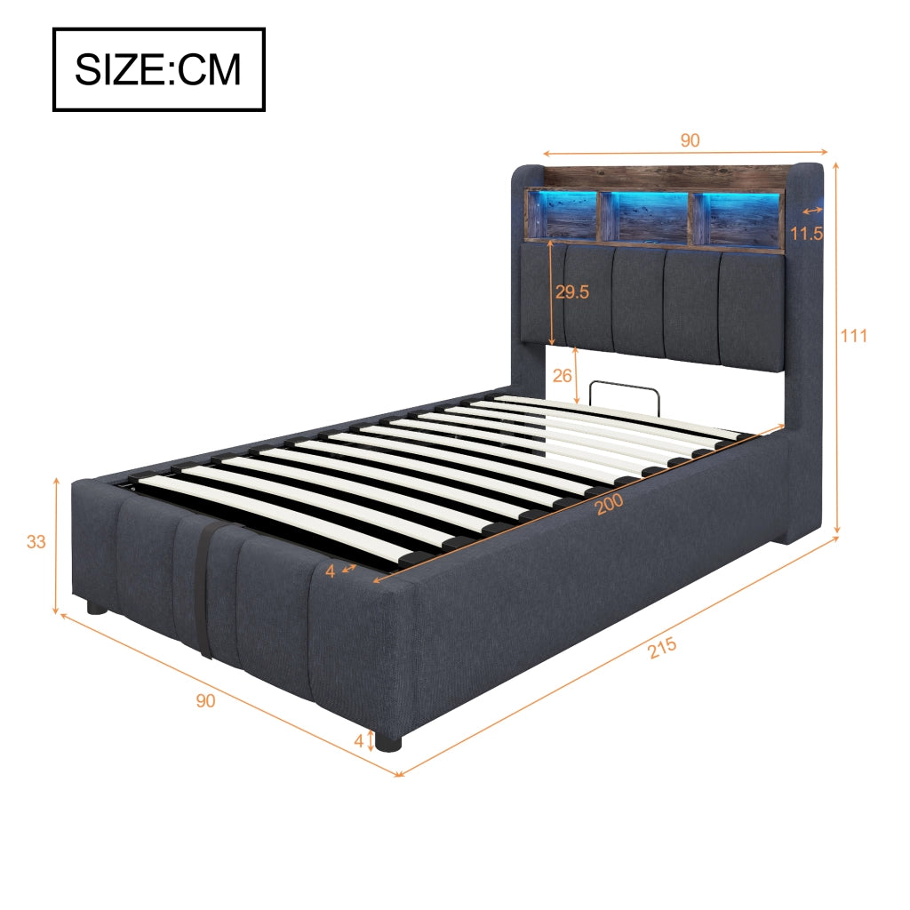 LETTO imbottito 90x200 cm Grigio con LED, USB e vano contenitore