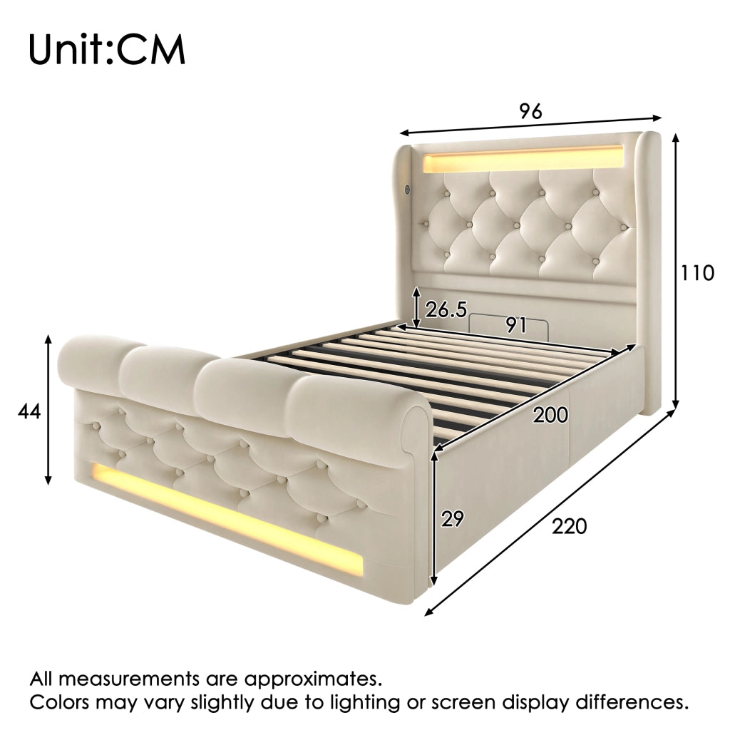 letto imbottito velluto beige 90 x 200 cm