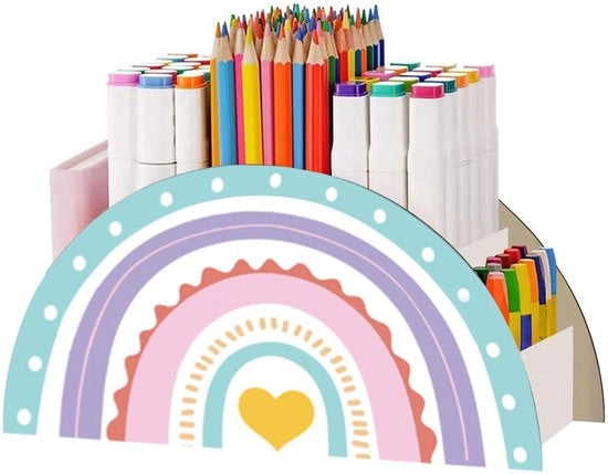 Organizzatore per pennarelli per bambini, Cassettiere in legno per ufficio Organizer multifunzionale per pennarelli con disegno arcobaleno per la scrivania dei bambini per l'organizzazione della classe